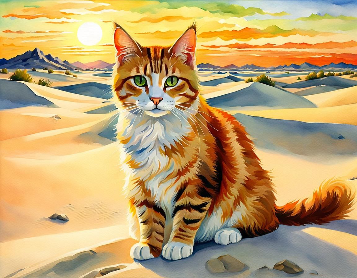 Ginger Cat in White Desert, Watercolor Gouache