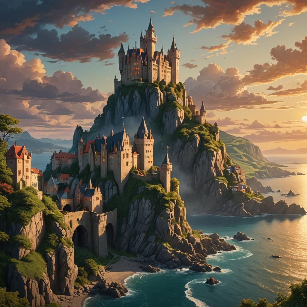 Epic Castle Seaside Sunset in Vibrant Complementary Colors