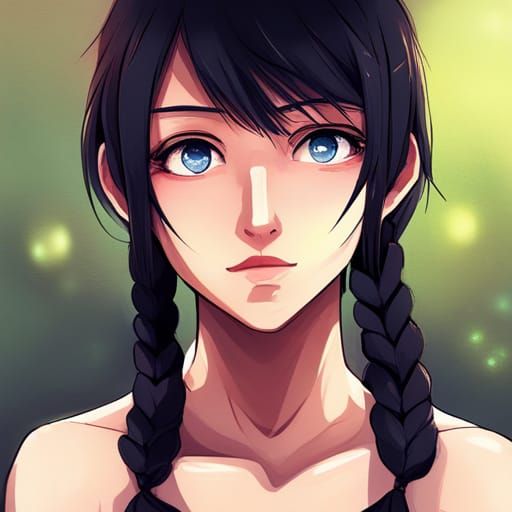 Cute Anime Girl with Blue Hair in Gouache Style