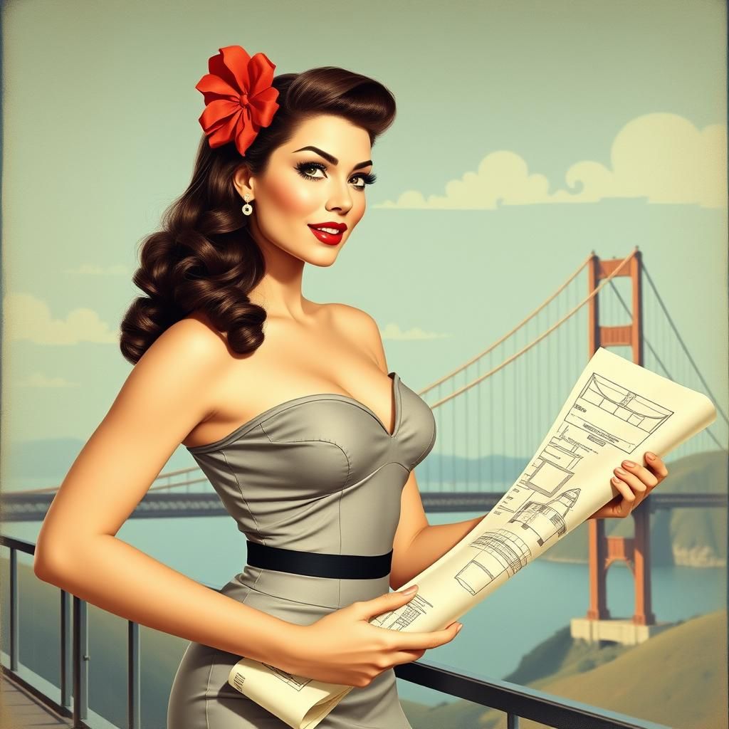 Retro Pinup Engineer at Suspension Bridge