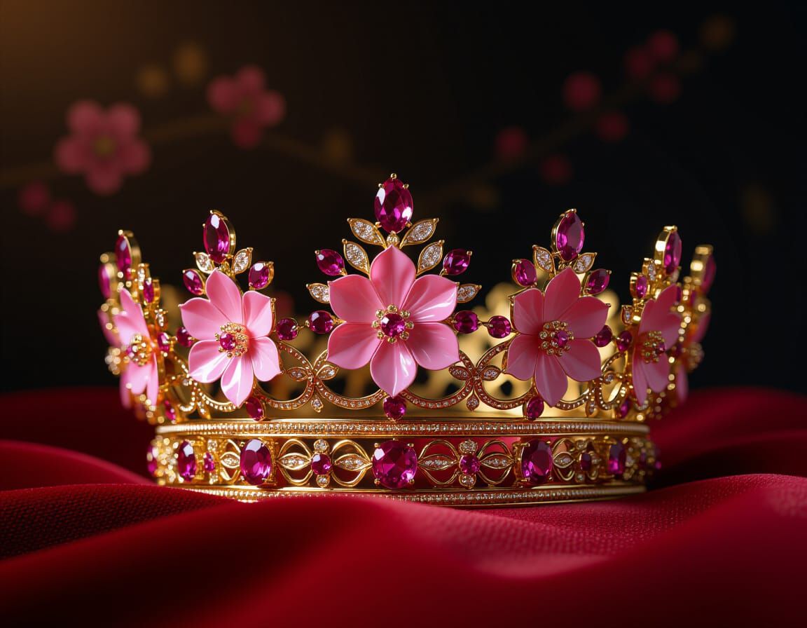 Ornate Crown with Pink Flowers and Gems in Golden Light