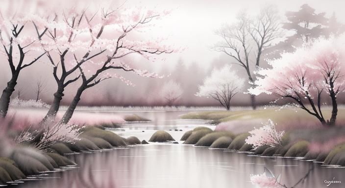 Cherry Tree in Greyscale Landscape, Watercolor Style