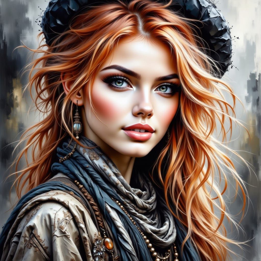 Pretty Irish Rebel Woman in Watercolor Acrylic Style