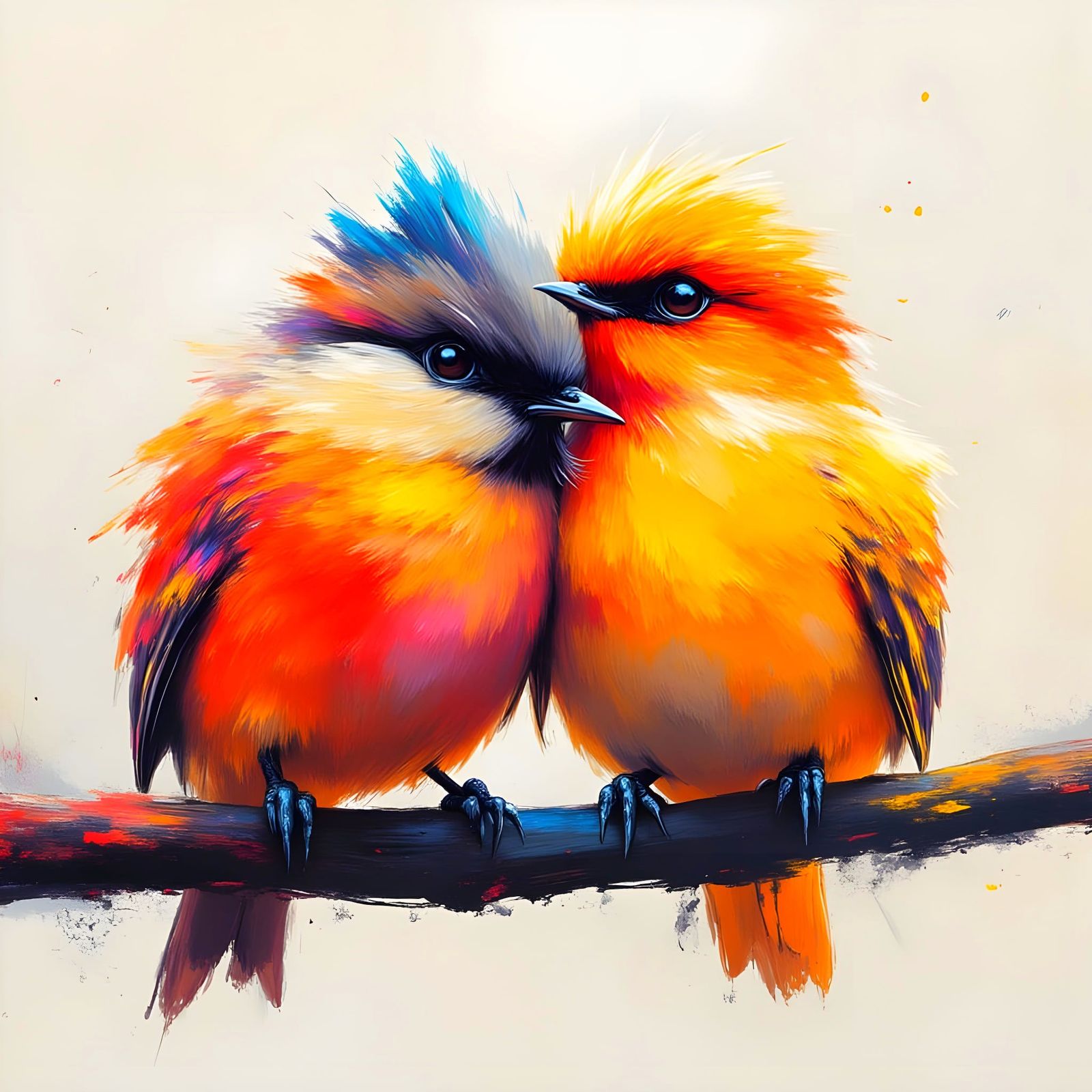 Two Fuzzy Birds Cuddling on Branch in Impressionist Style