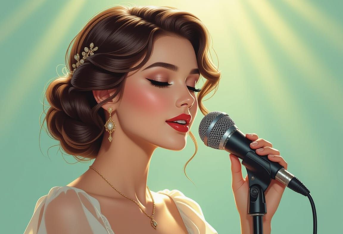 Classy Young Female Singer with Vintage Microphone