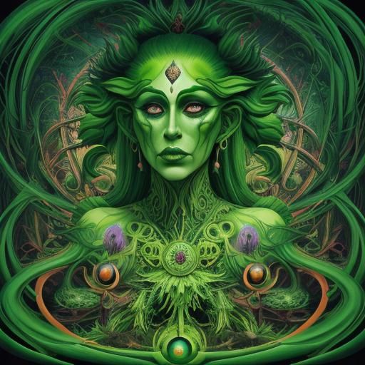 Surreal Green Gods in Visionary Mixed Media Style