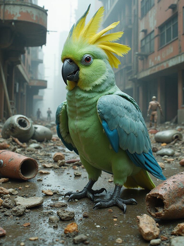 Cockatoo in a Futuristic Cityscape of Ruin