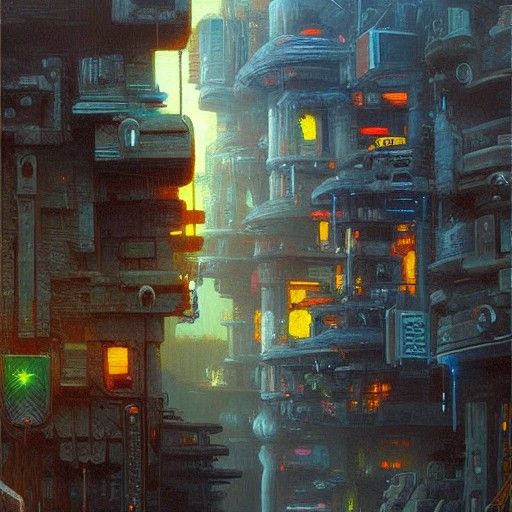 Cyberpunk Village at the End of Time as Oil Painting
