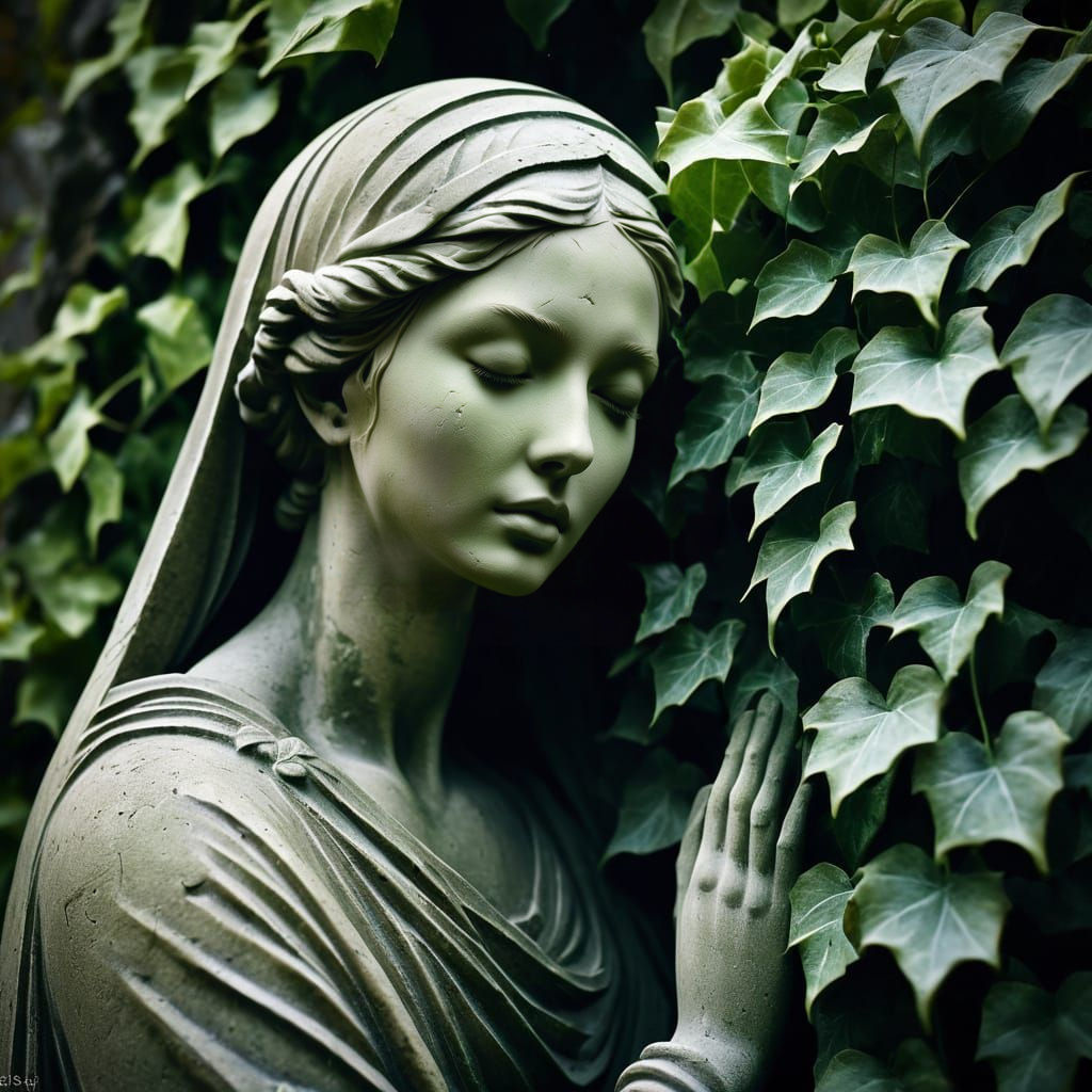 Ivy-Covered Statue
A timeless stone statue of a woman is gently embraced by a veil of ivy. The foliage is so lush it nea...