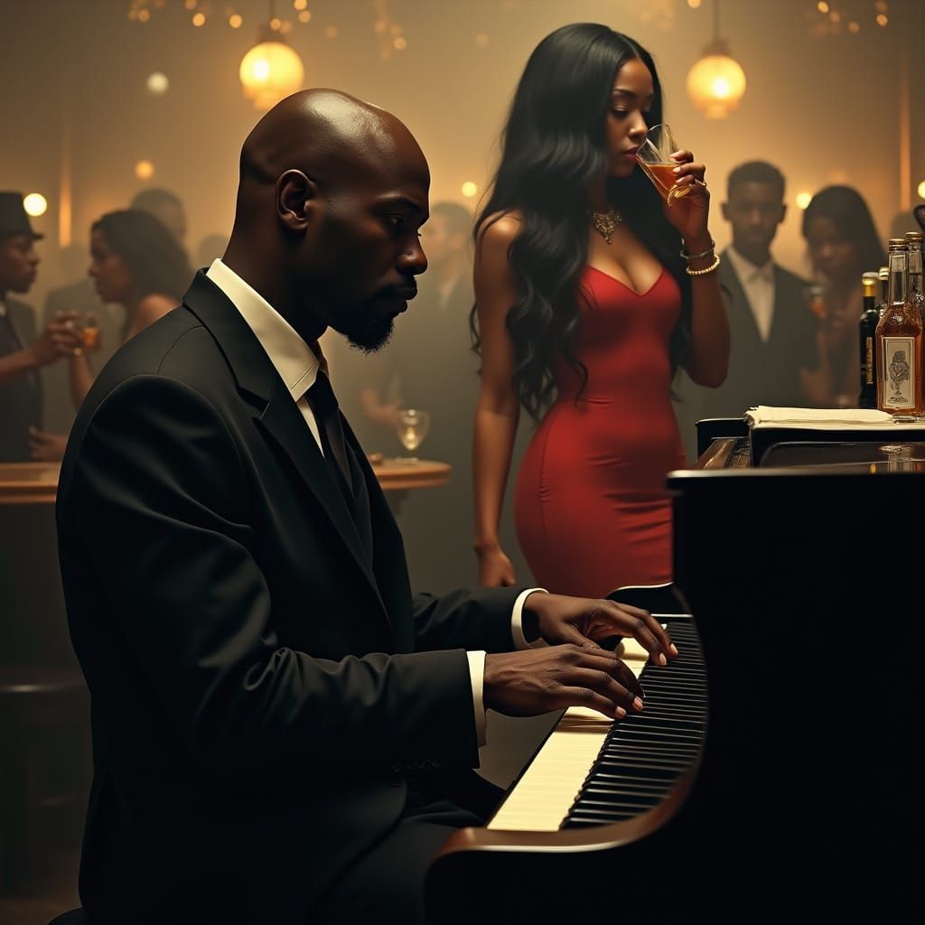 Piano Man in Smoky Bar: Film Noir Portrait