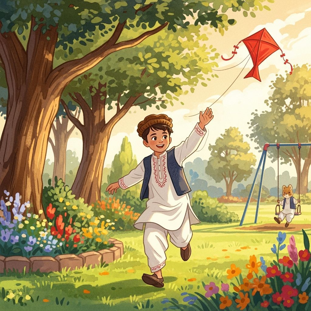 Boy Chasing Kite in Park, Watercolor Style