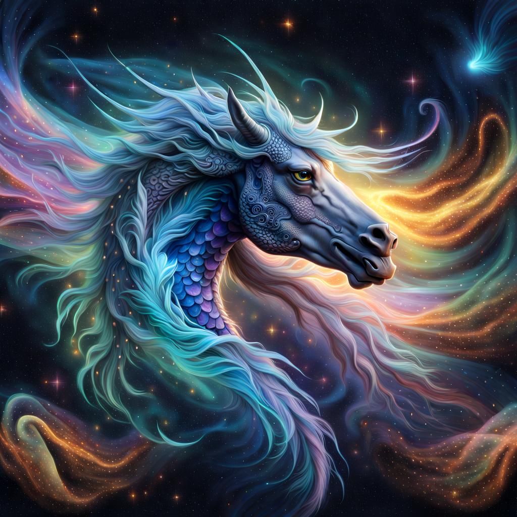 Iridescent Dragon-Horse in Ethereal Cosmos