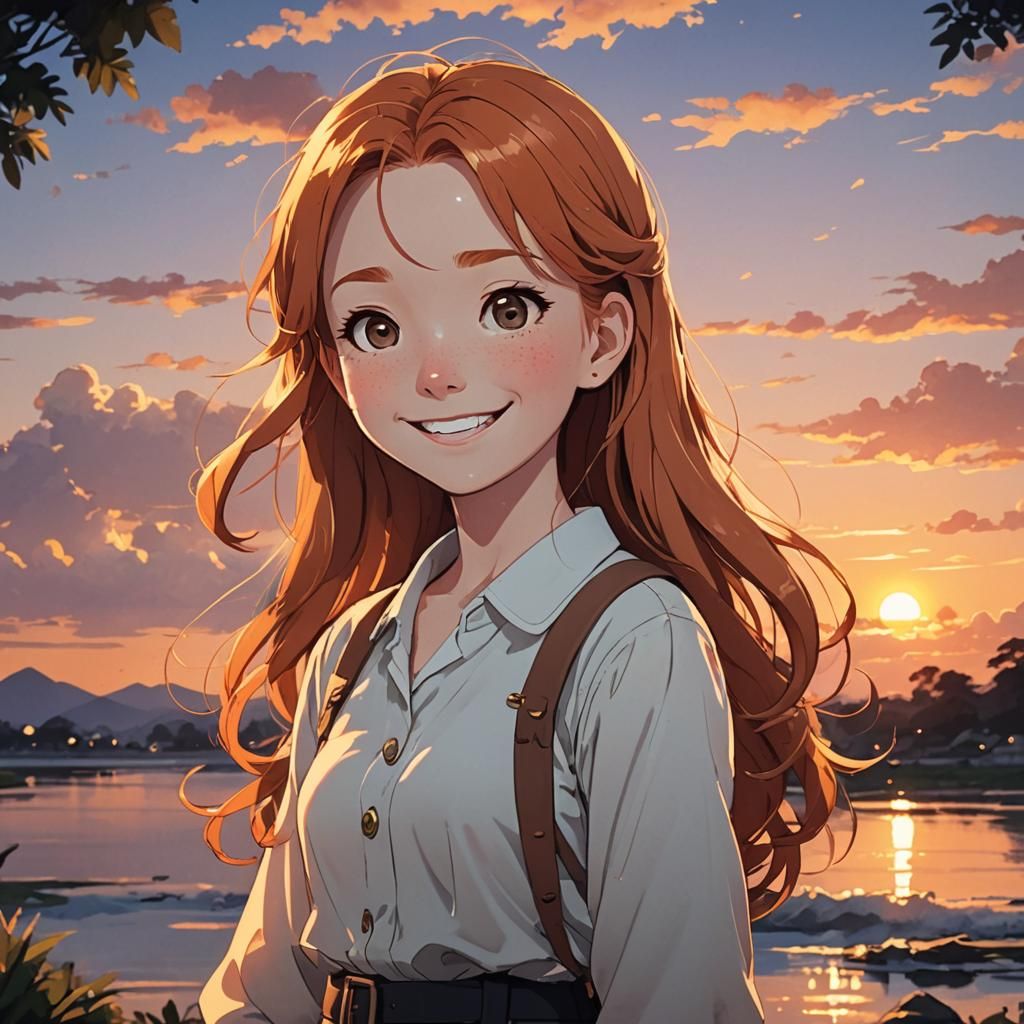 Anime Style Ginger Girl Smiling at Sunset