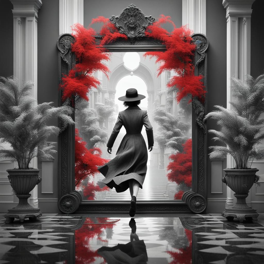 Woman with Plant in Noir Style Mirror Maze