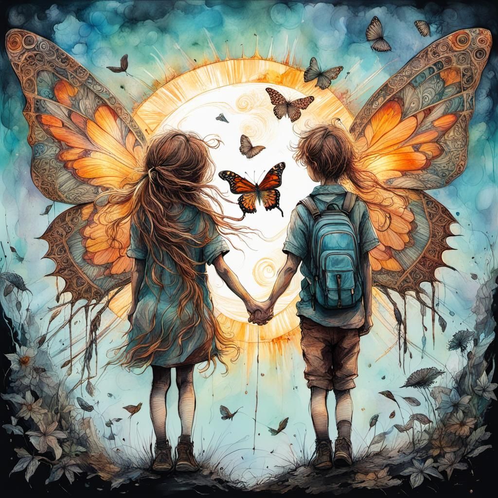 Boy and Girl with Butterfly in Zentangle Style