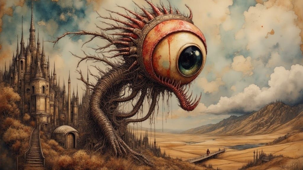 Monstrous Eyeball Guardian in Biomechanical Style