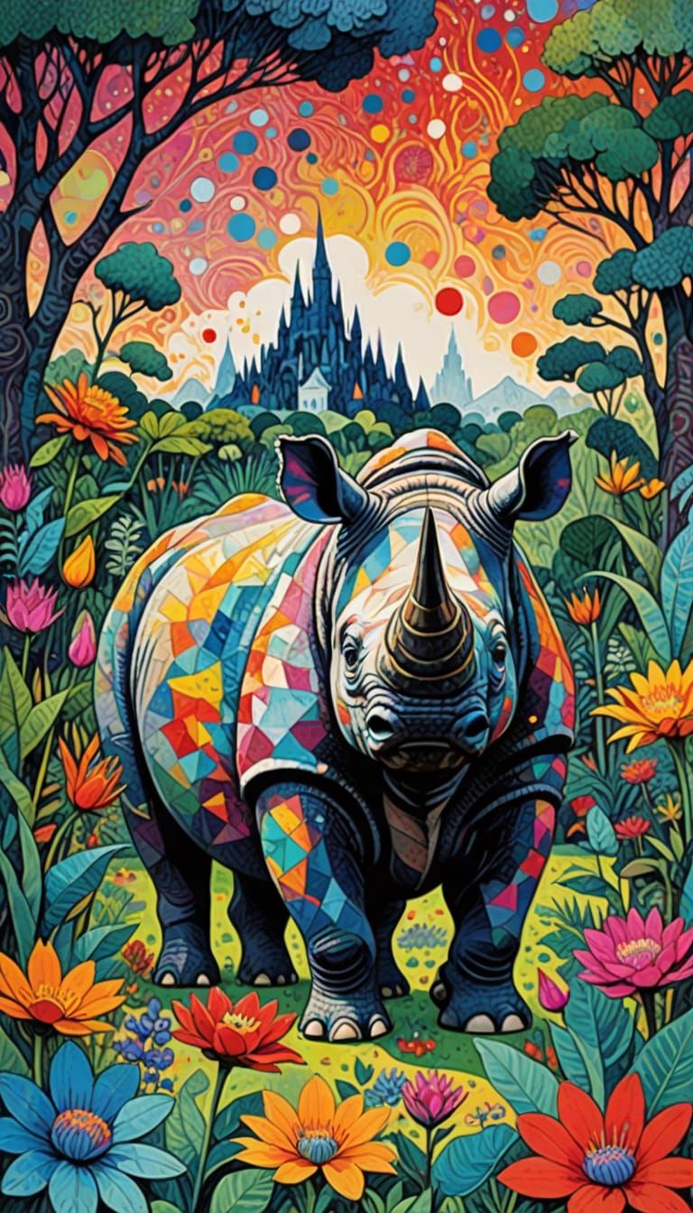 Mystical rhinoceros, dreamlike garden, playful collagraphy e...