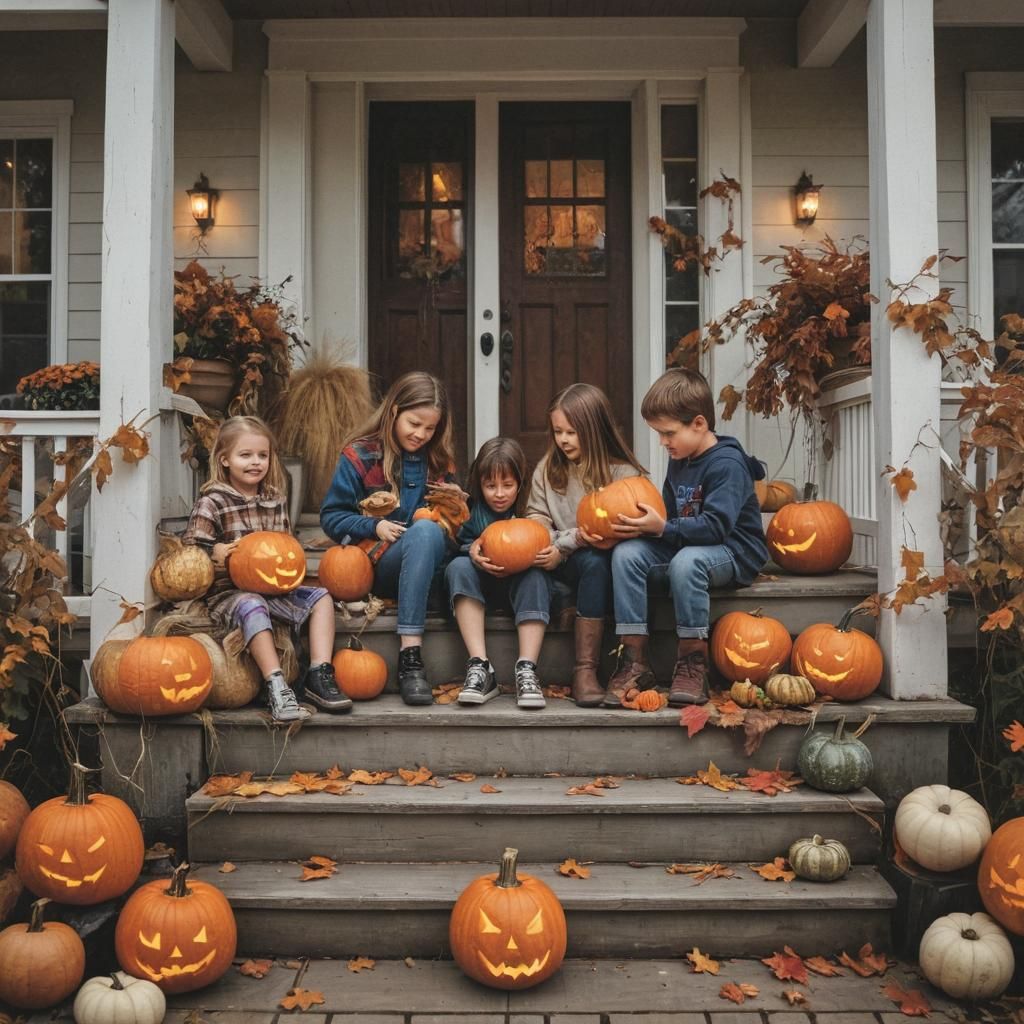 Children Carving Pumpkins: Colorful Autumn Folk Art