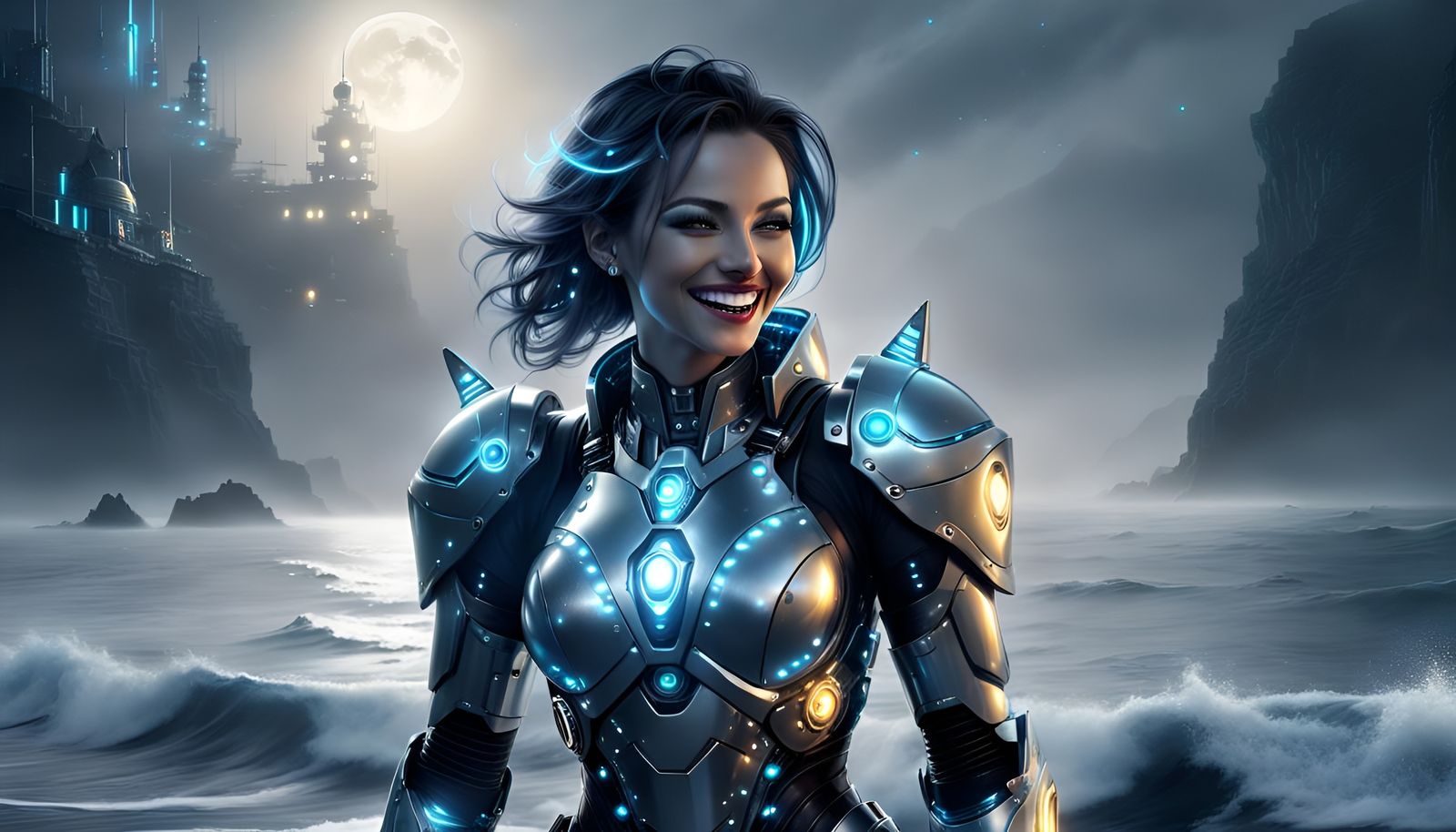Charismatic Cyborg Laughing on Misty Shore