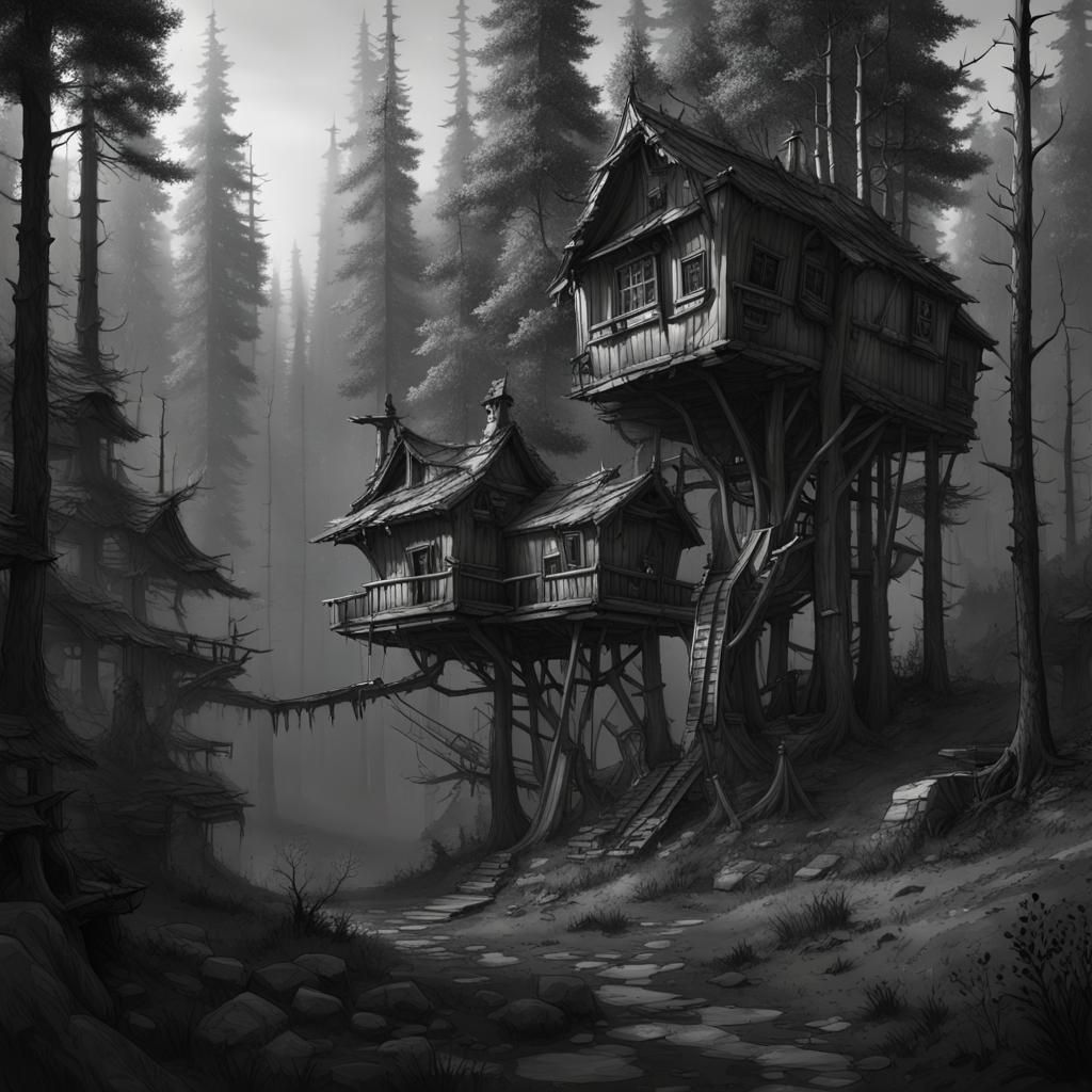 Treehouses in Gloomy Forest: Dark Fantasy Concept Art