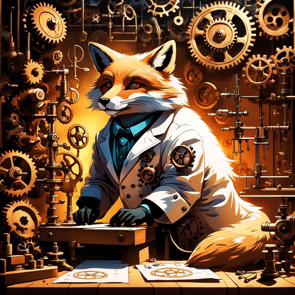 Fantasy Fox Artificer in Steampunk Lab