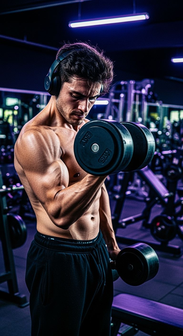 Muscular Man Curls Dumbbell in Dramatic Gym Lighting