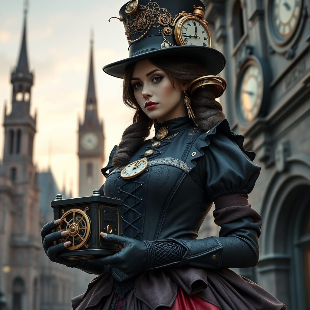 Elegant Clockpunk Goddess in Exquisite Steampunk Attire