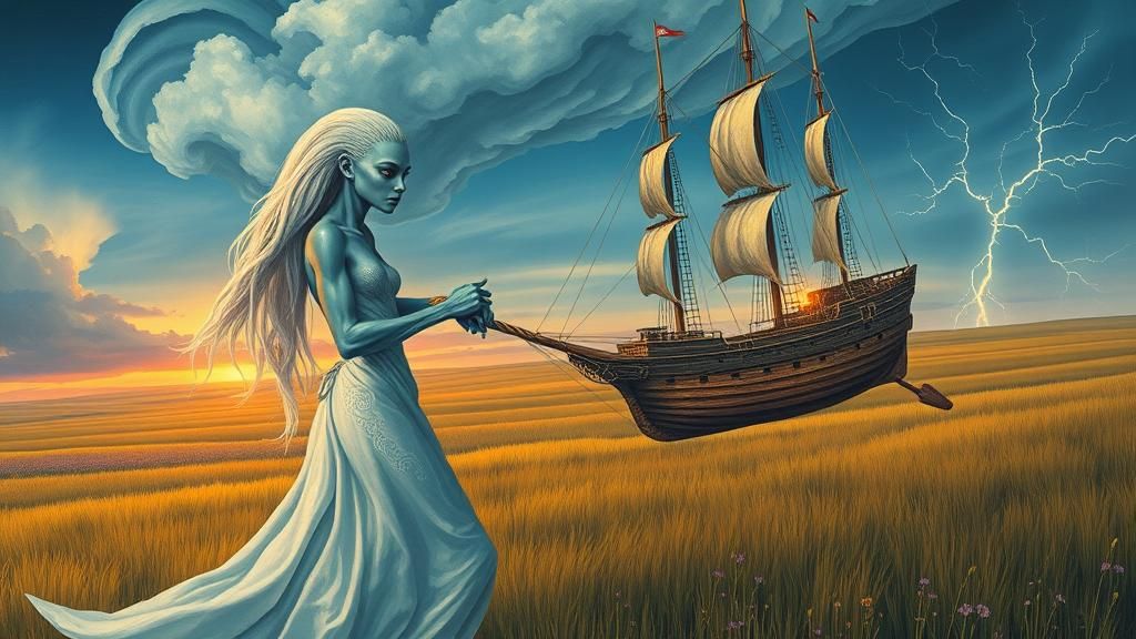 Alien Woman Pulls Sailing Ship to Sky