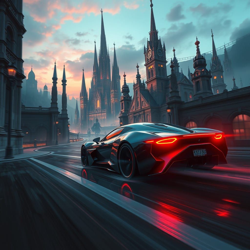 Futuristic Car Speeds Through Mystic Cityscape at Dusk