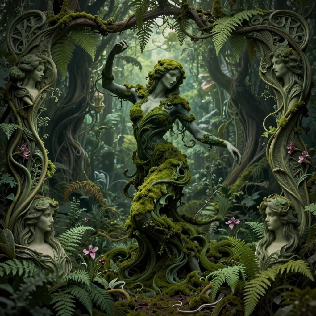 Lycanthrope Transformation in Moonlit Art Nouveau Grove