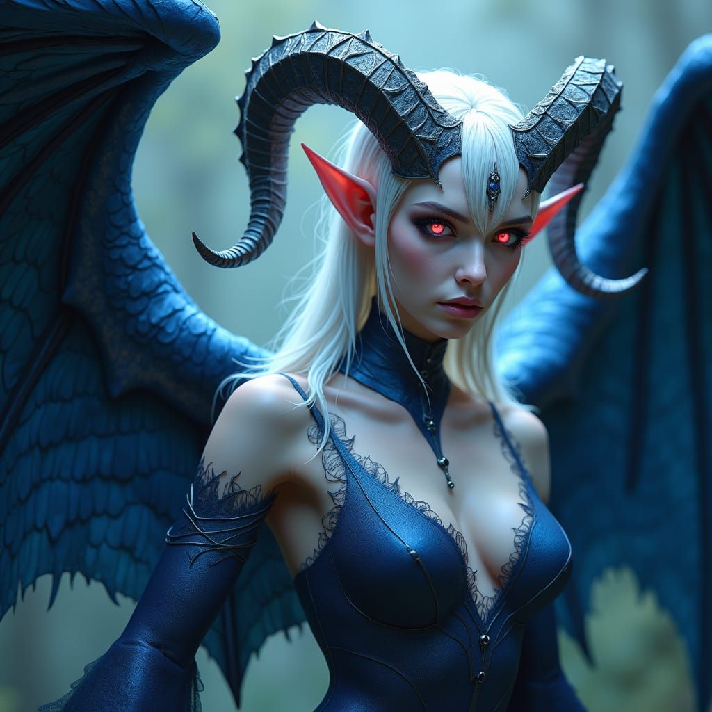 Albino Tiefling Woman with Horns and Indigo Wings