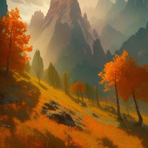 Autumn Aspens on Mountainside in Splash Art Style