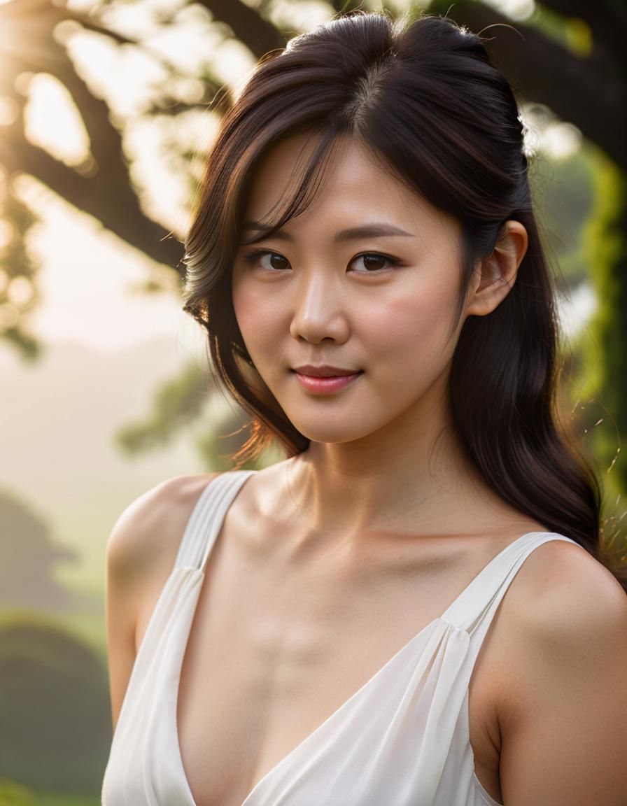 Korean Woman in Garden, Renaissance Oil Painting