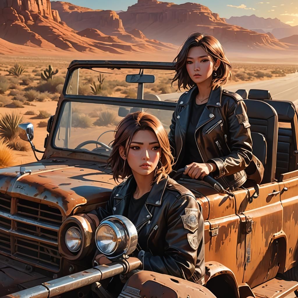 Girl Driving Truck on Desert Highway in Anime Style