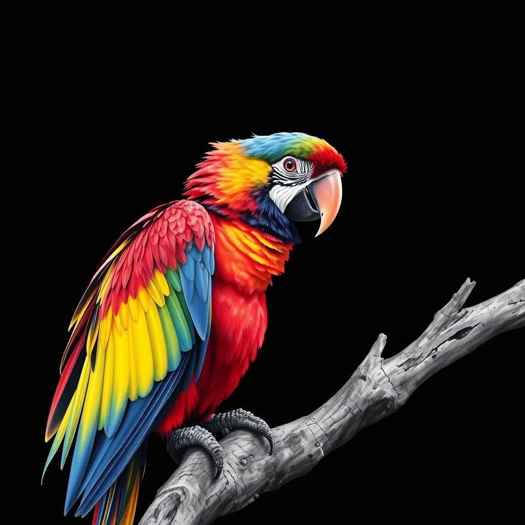 Rainbow Macaw Charcoal Drawing on Black Background