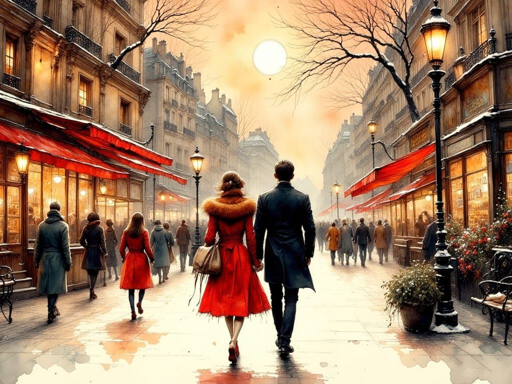 Couple Strolling Near Palais Garnier in Ink Style