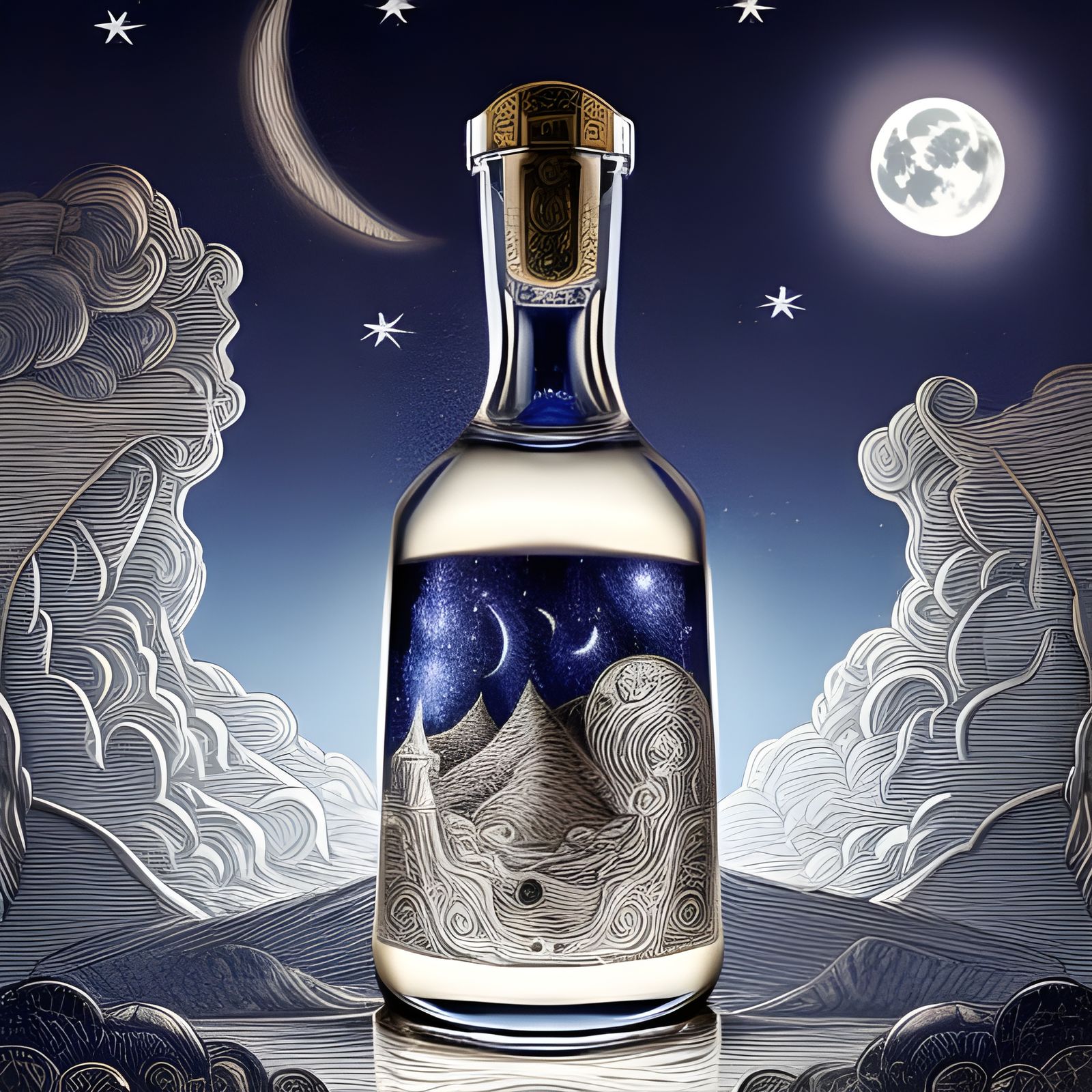 Magic Moon in Intricate Bottle, Digital Illustration