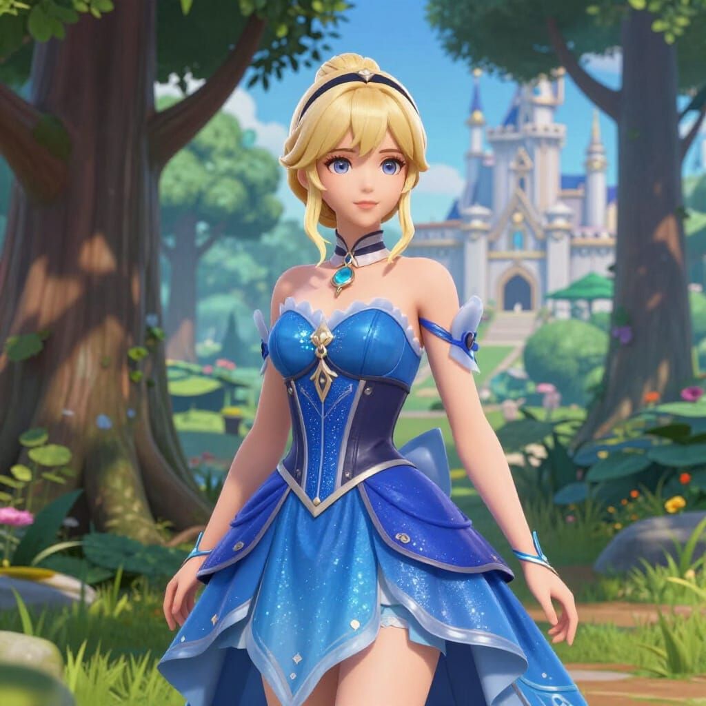 Princess in Blue Gown by Tree with Castle Background