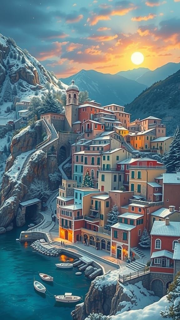 A seaside Italian village hangs on the terraced side of a rocky mountain, stretching from the beaches of aquamarine seas...