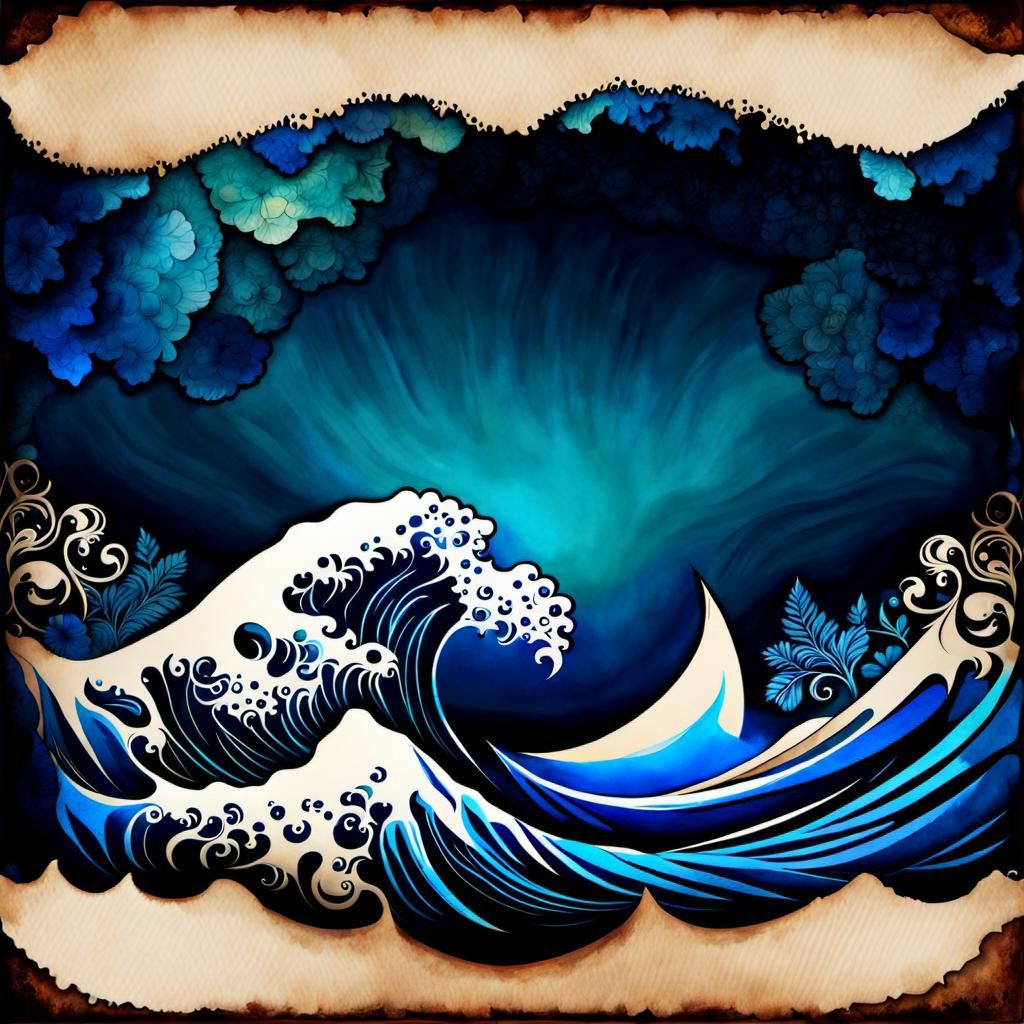 Dramatic Blue Wave in Watercolor with Vintage Elements
