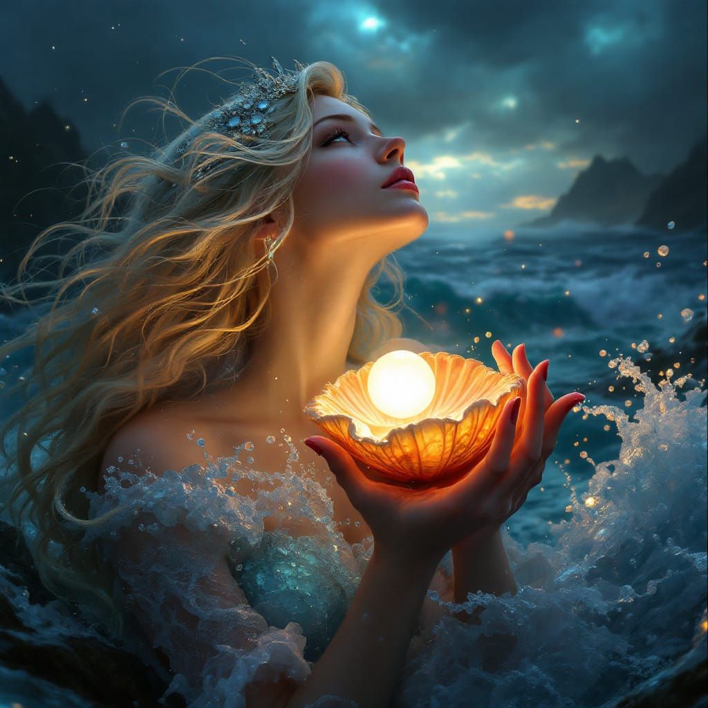 Mermaid with Pearl in Stormy Sea: Art Nouveau Style