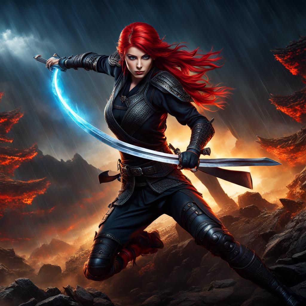 Beautiful Red-Haired Ninja Woman in Rain