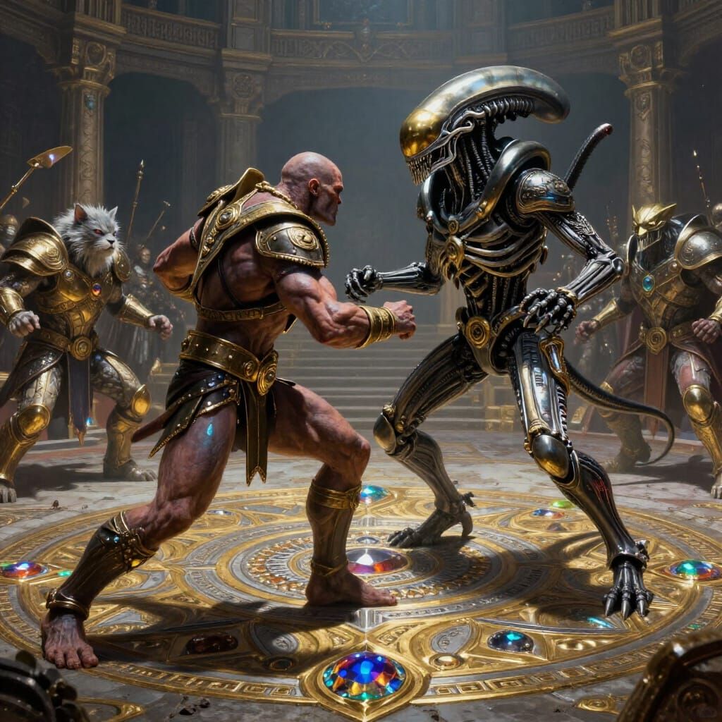 Epic Battle: Hybrid Warrior vs Alien Guard in Jeweled Arena