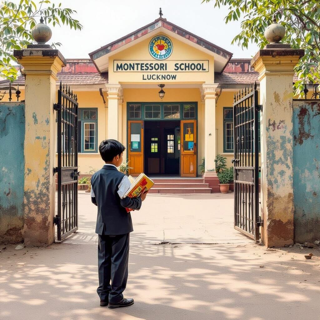 Boy at Montessori School Entrance: Vibrant Realism