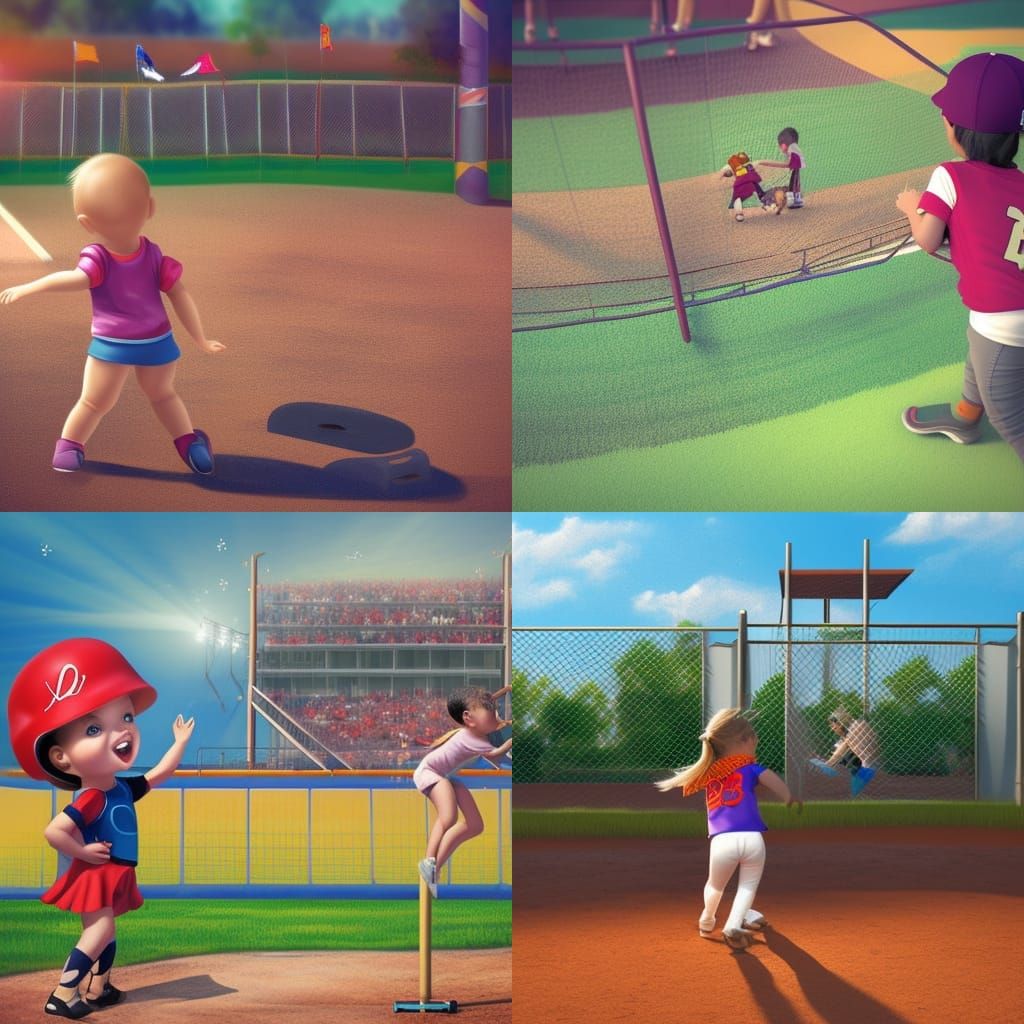 Girl Climbs Fence at Baseball Game: Digital Illustration