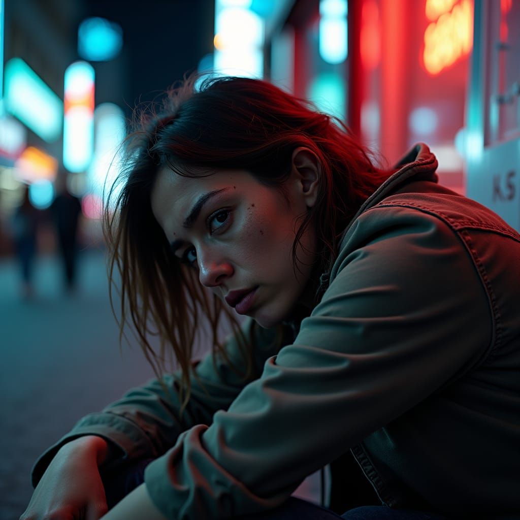 Weary Person in Hyper-Realistic Cityscape
