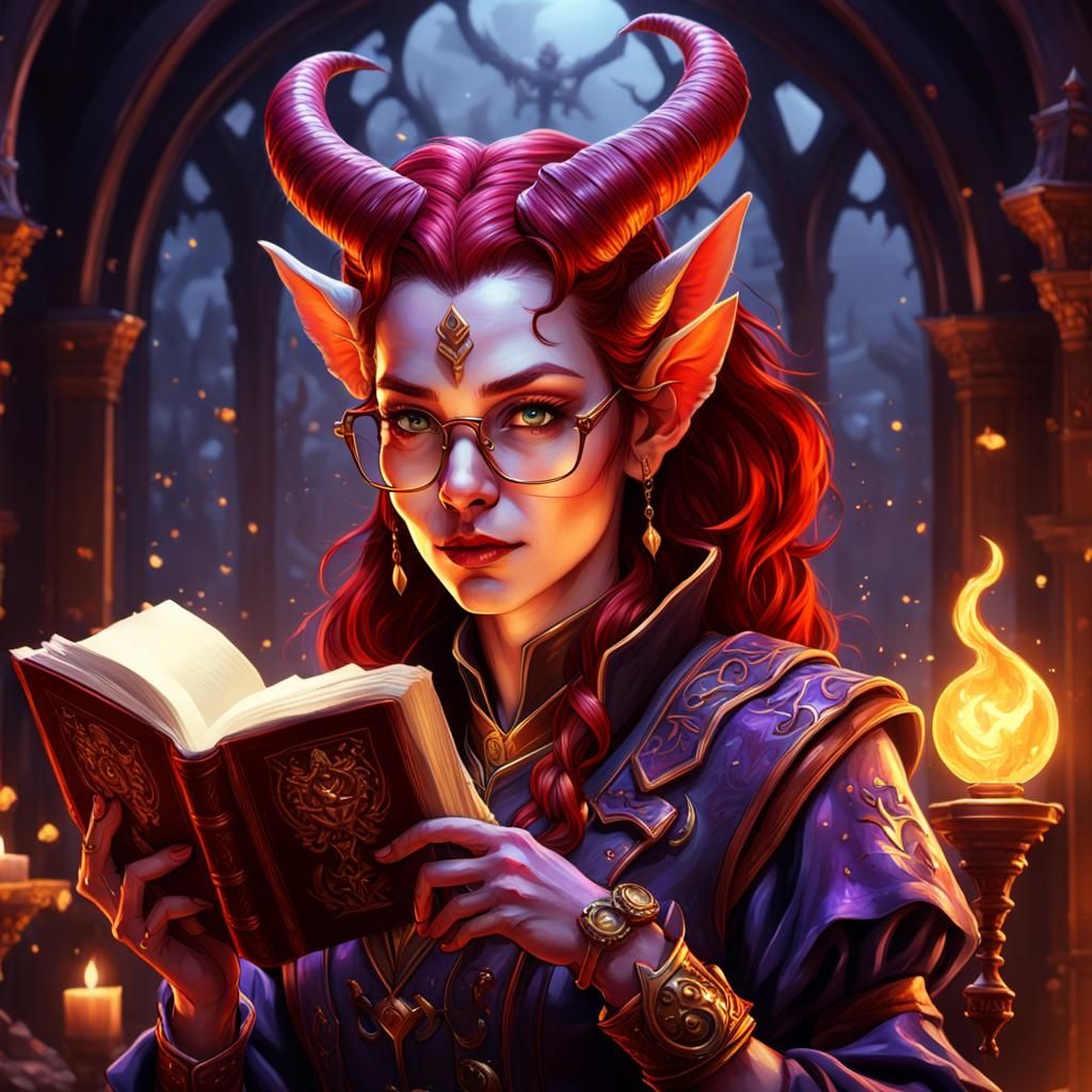 Red Tiefling Bard with Book, Dark Fantasy Art
