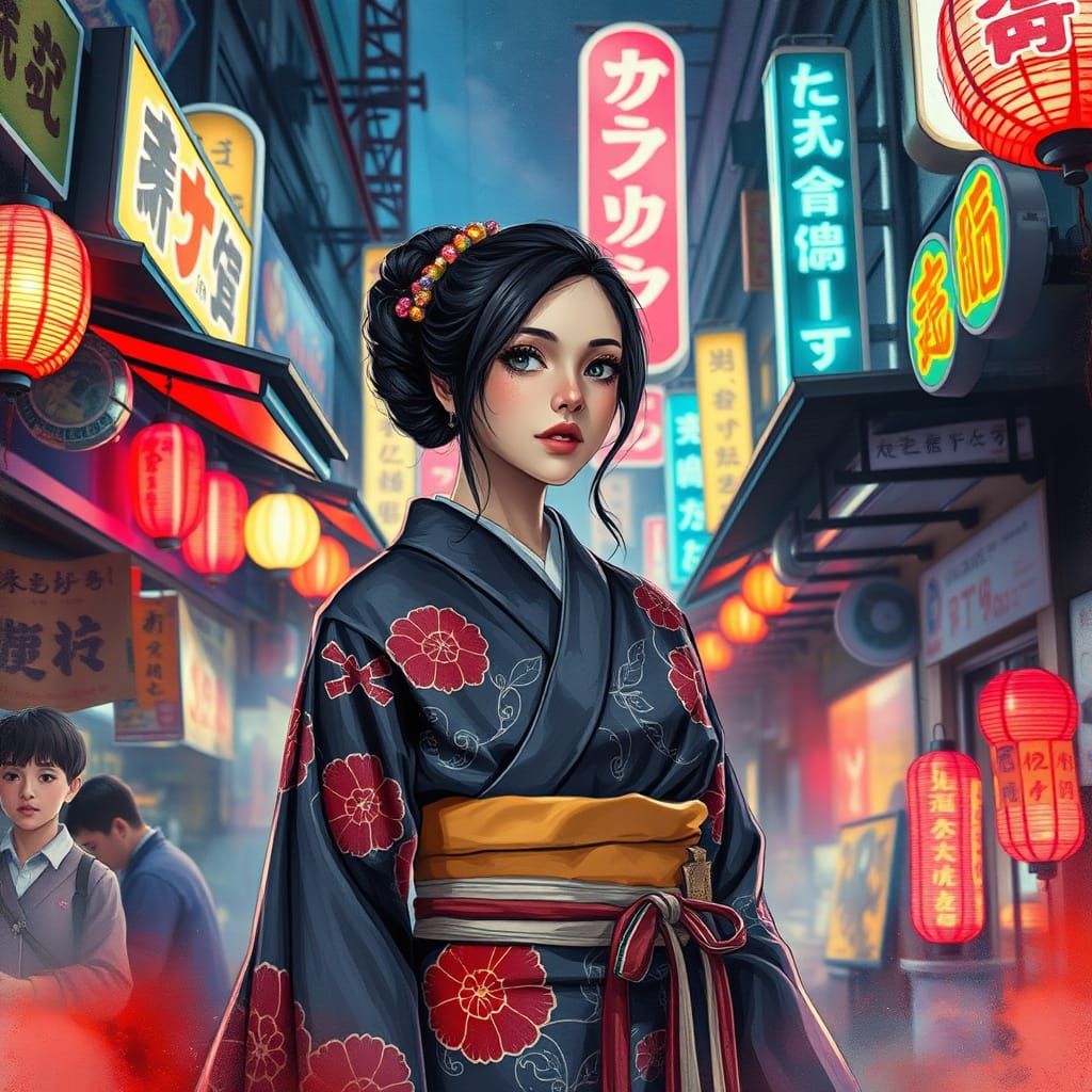 Cyberpunk Kimono in Neon Japanese Market