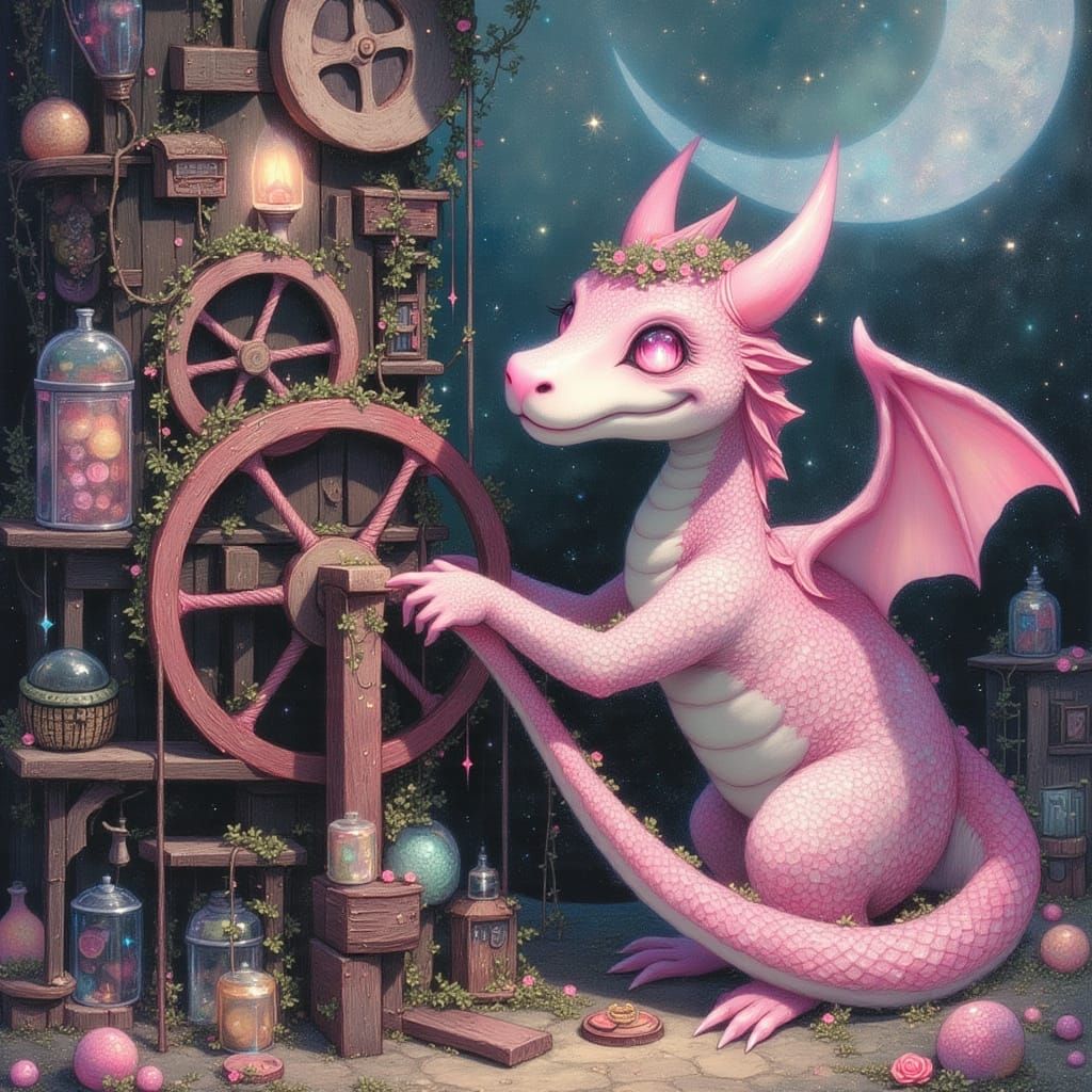 Whimsical Oil Painting of a Happy Dragon Operating a Magical...
