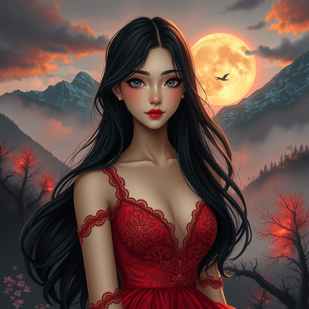 Mysterious Anime Goddess in Red Evening Gown amidst Misty Mo...